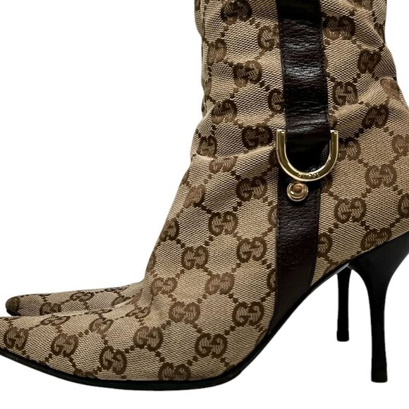 GUCCI Vintage GG Monogram Long Boots #36-37 Heels Zip Beige Brown [104064] - Picture 5 of 12